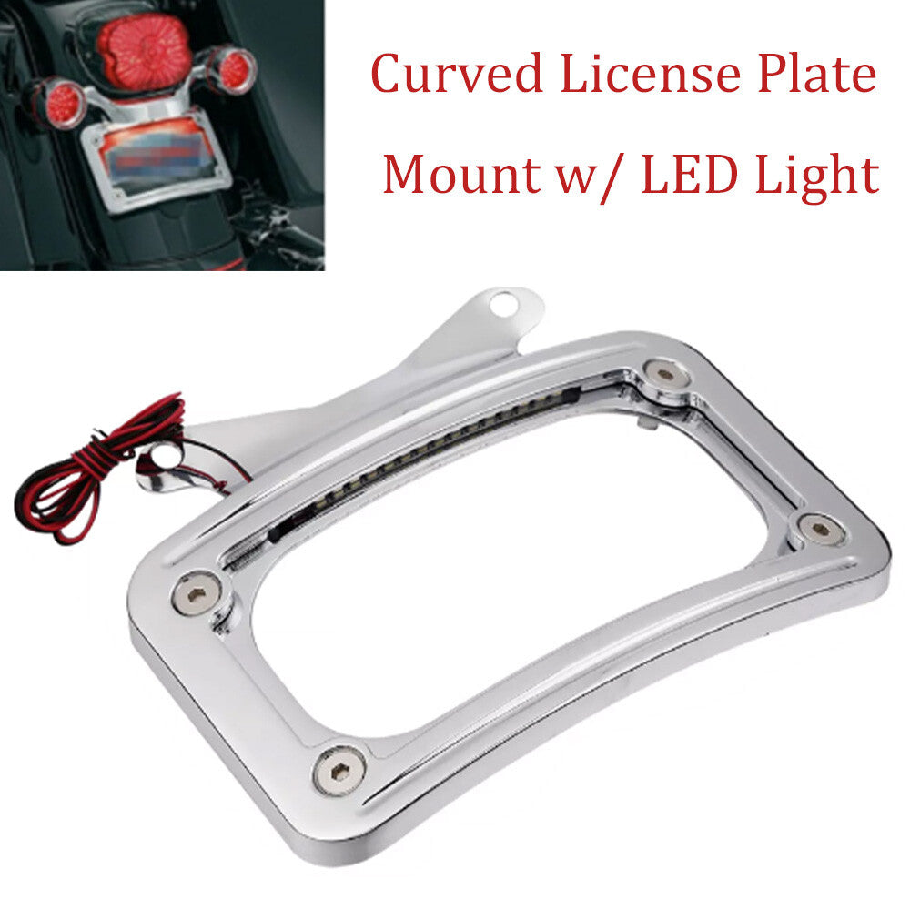 Chrome curved license plate mount with LED lights suitable for Harley Road Street Glide- n