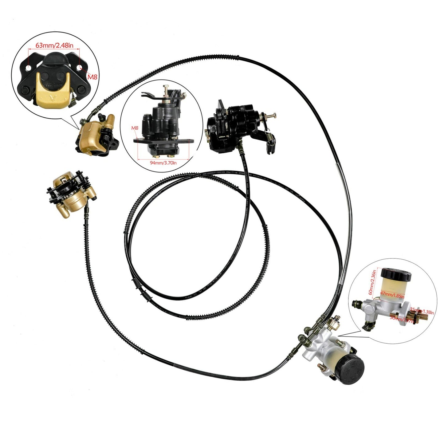 Go-kart hydraulic disc brake calipers and master cylinders are suitable for all-terrain vehicles with 125cc, 150cc, and 200cc engines.