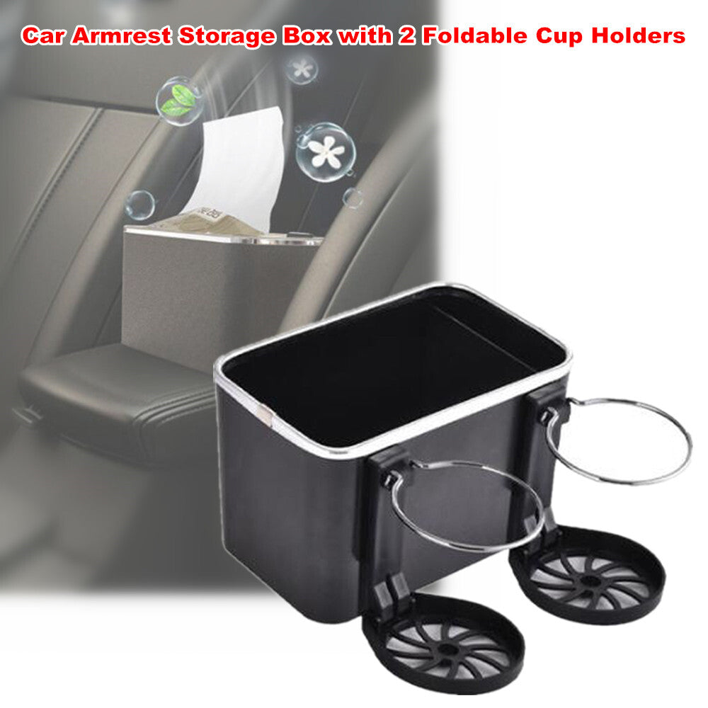 Car armrest storage box with foldable cup holder, multi-functional for water cups. n