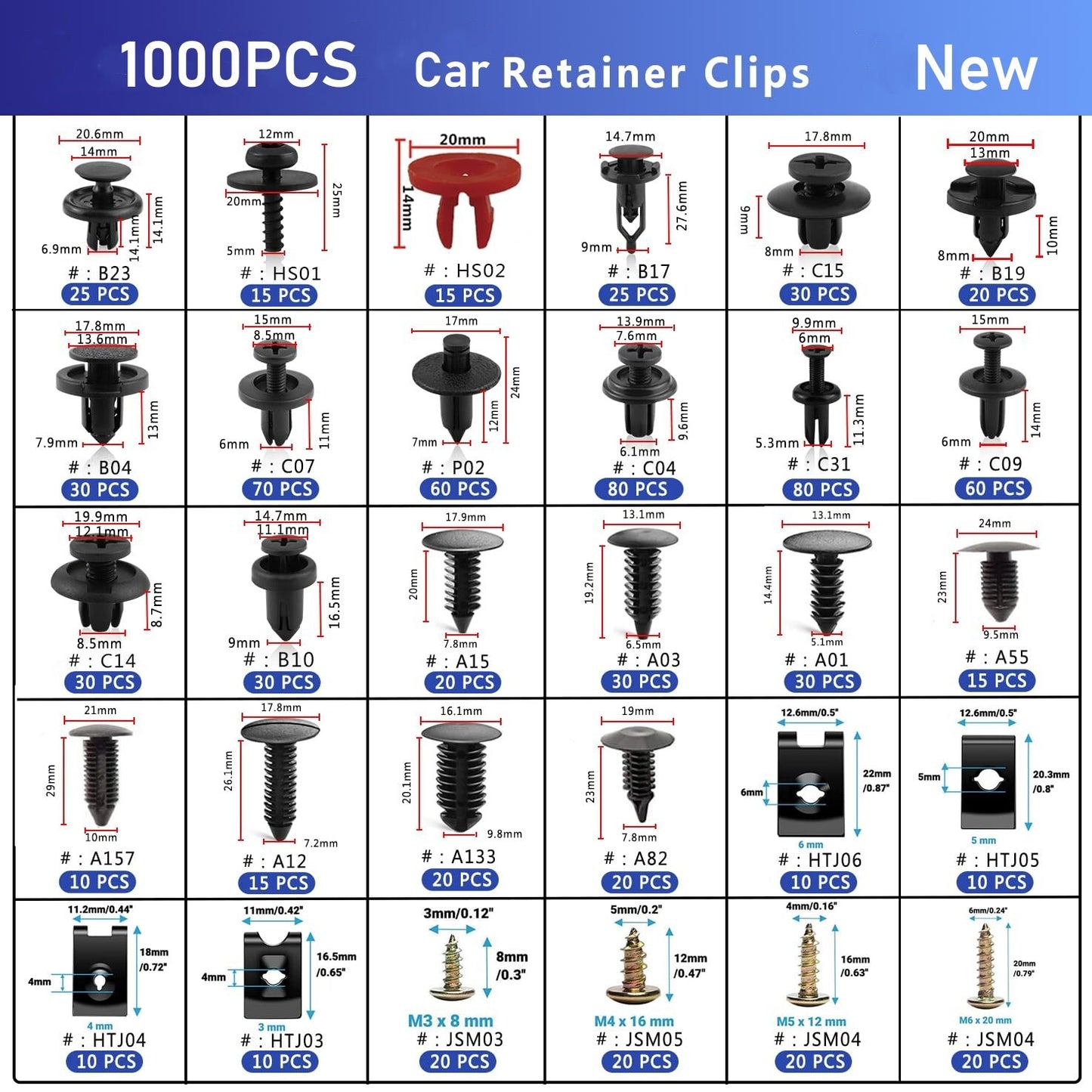 1000-piece set of automotive push-type retainer anti-collision clips, U-clip screw kits, panel clips, and metal screws.
