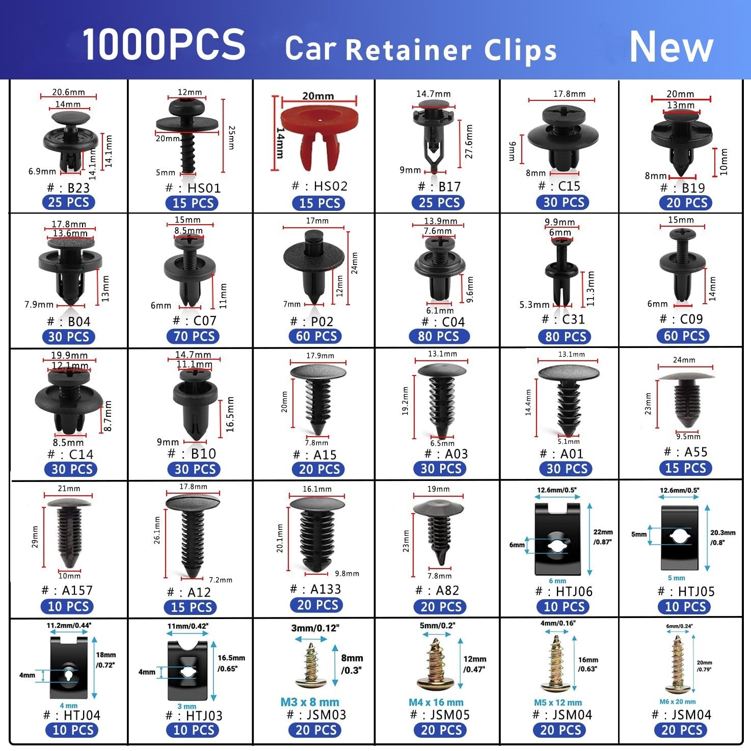 1000-piece set of automotive push-type retainer anti-collision clips, U-clip screw kits, panel clips, and metal screws.