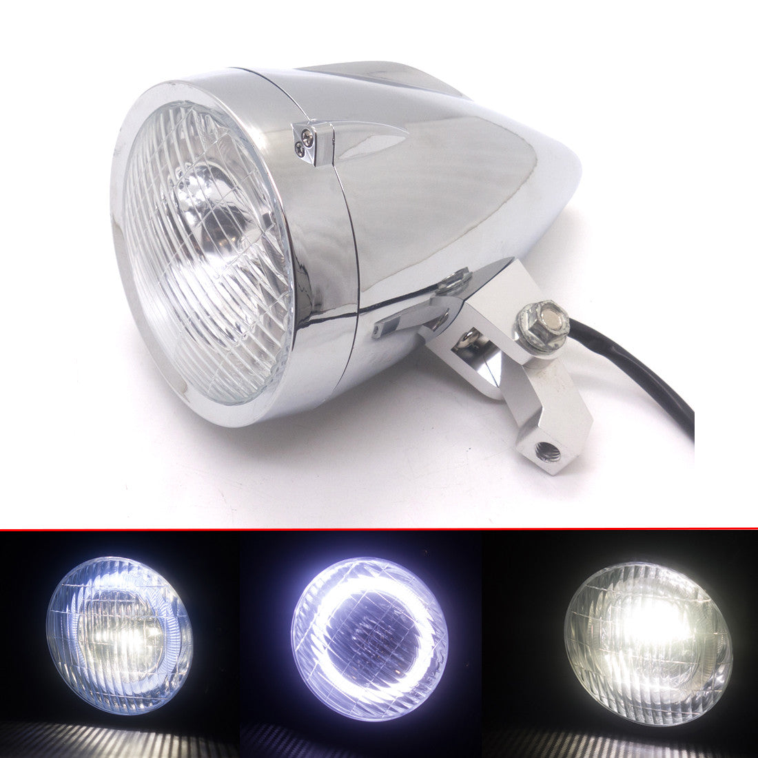 Chrome LED Bullet Headlight With White Angel Eye Light for Harley Chopper Bobber Q