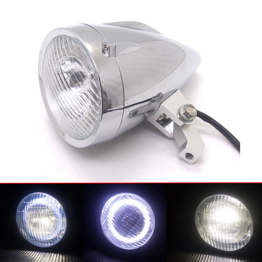 Chrome LED Bullet Headlight With White Angel Eye Light for Harley Chopper Bobber Q