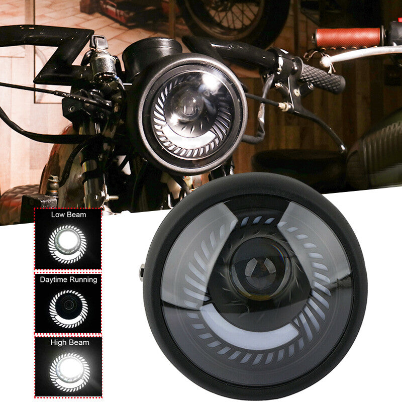 6.5-inch LED headlight DRL for Cafe Racer Bobber motorcycles with spiral white high/low beam