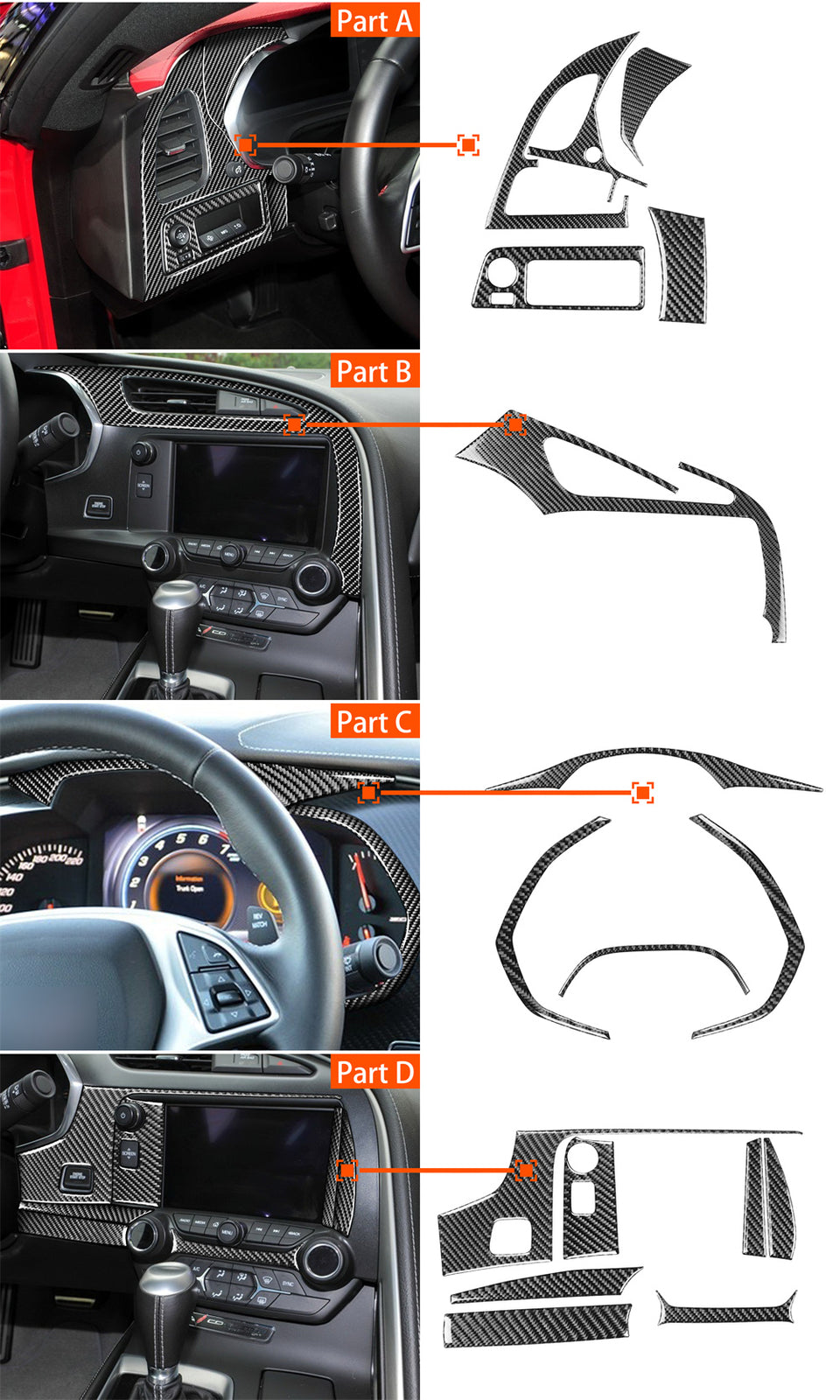 16Pcs for Corvette C7 2014-19 Carbon Fiber Full Kit Dashboard Interior Trim Set