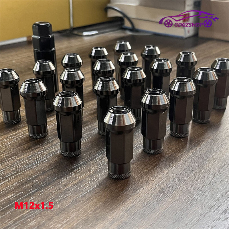 20pcs M12x1.5 Lug Nuts 48mm Steel Open End Wheel Nuts Bolts w/ Socket Gun Black