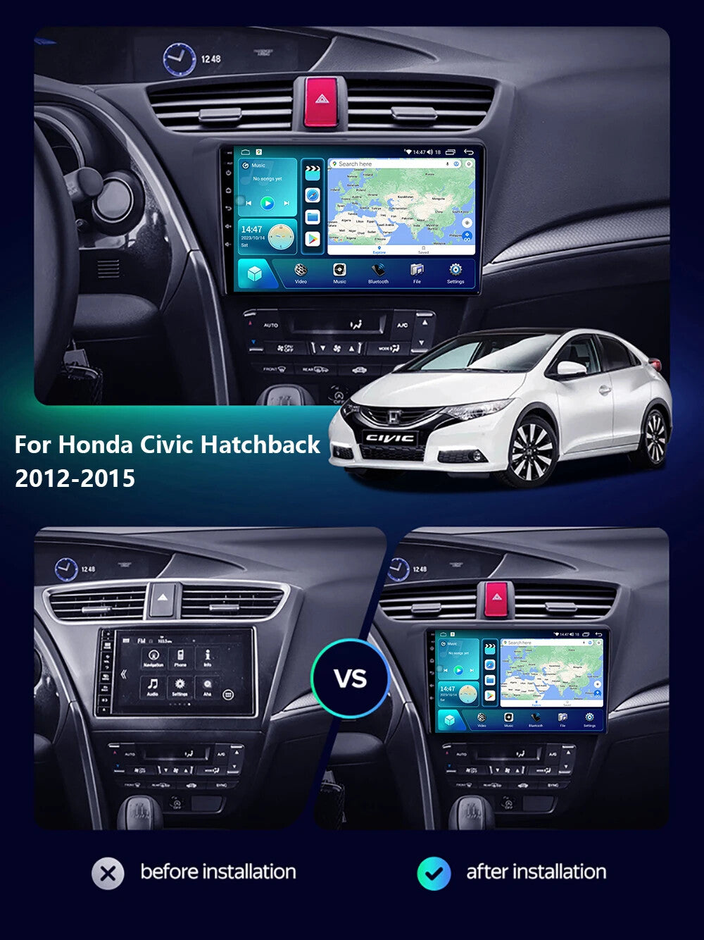 for Honda for Civic Hatchback 2012-2015 Android CarPlay Car Stereo Radio GPS Screen