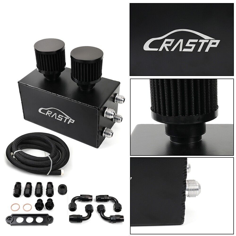 AN10 Oil Catch Can Reservoir Tank w Dual Breather Filter Baffled Tank Kit 4 Port