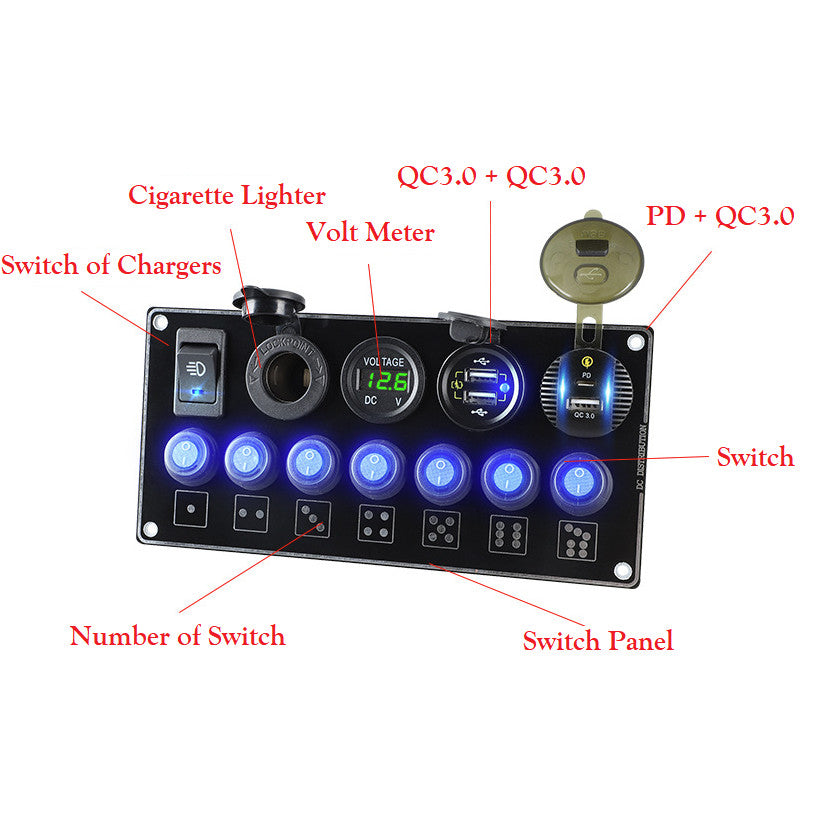 7-gang LED circuit toggle switch panel + voltmeter + USB + charger for cars, boats, and ships. n