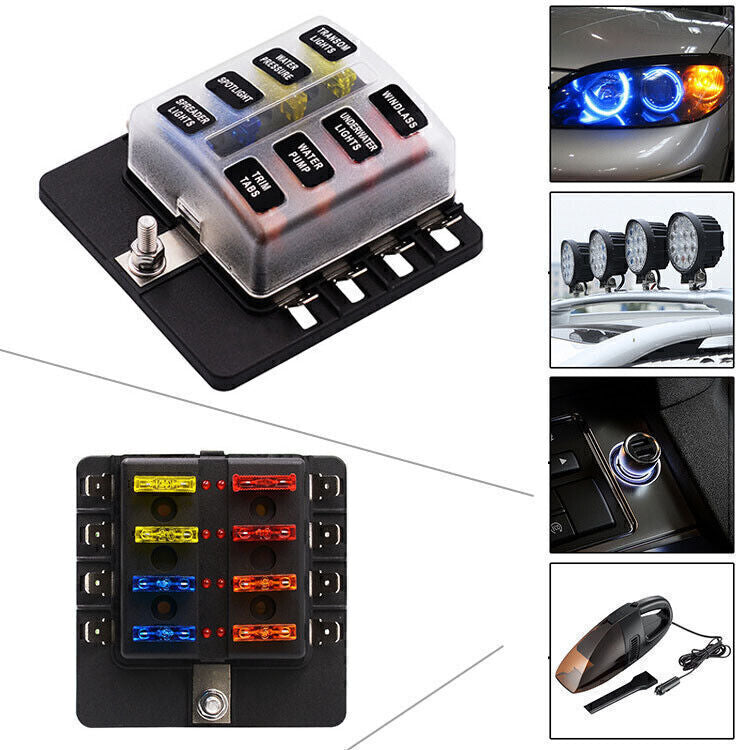8 Way Circuit LED Fuse Box Holder ATO Waterproof Terminal Block Universal Q
