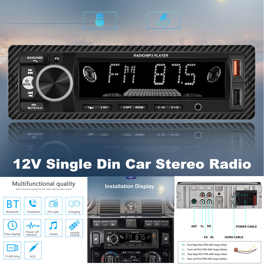 12V Single DIN Car Stereo Radio Media Receiver, Bluetooth MP3 Player, USB Audio n