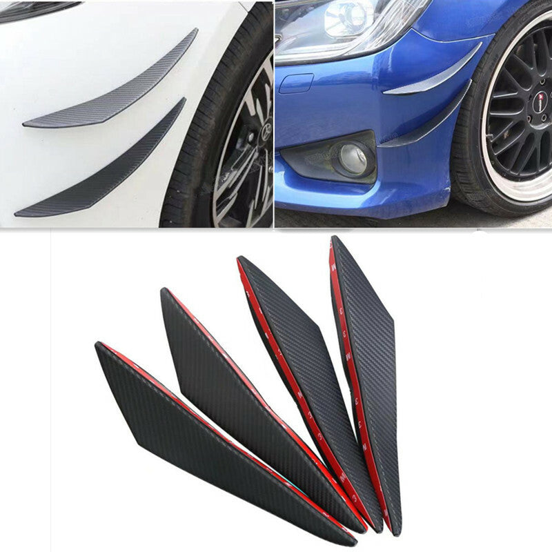 Car Black Carbon Fiber Bumper Lip Rubber Fin Splitter Spoiler Canard Valence 4Pc