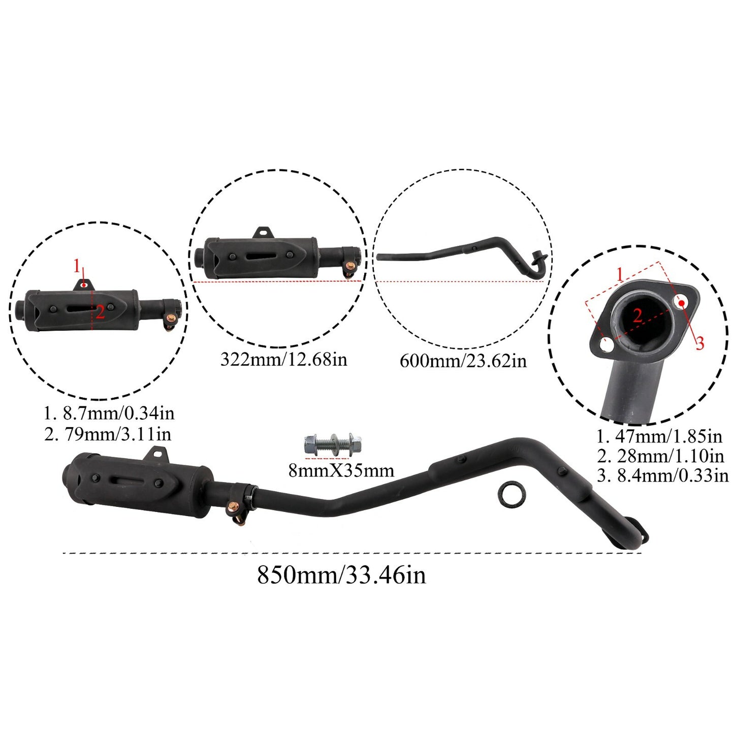 28mm exhaust muffler for bicycles, all-terrain vehicles, and Kazuma coolers for 90/110/125cc.