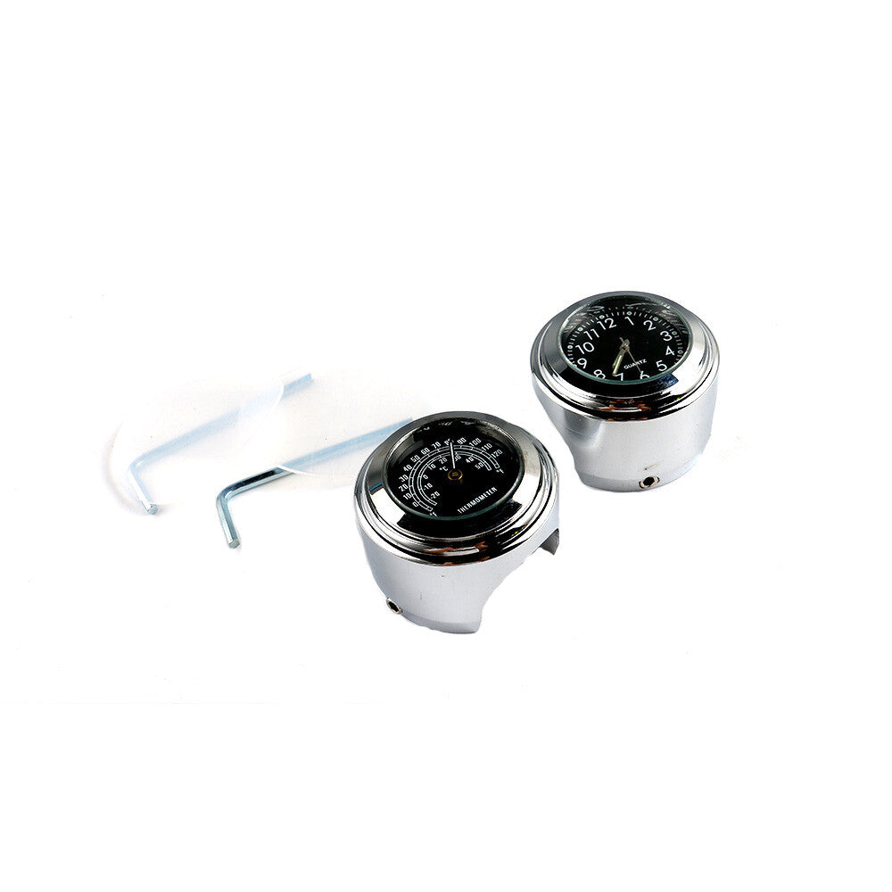 Motorcycle Cruiser Chrome Handlebar Mount Black Dial Clock WatchThermometer Set Q