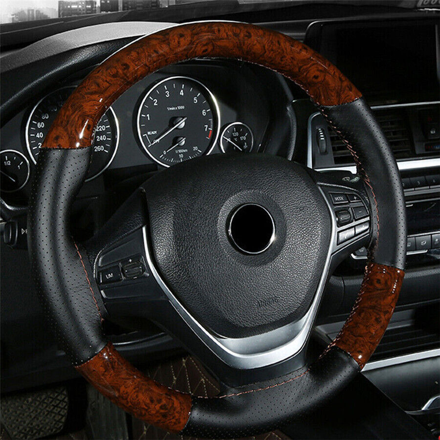 Wooden Leather Car Steering Wheel Cover Anti-Slip Booster Protection Case Part 38CM