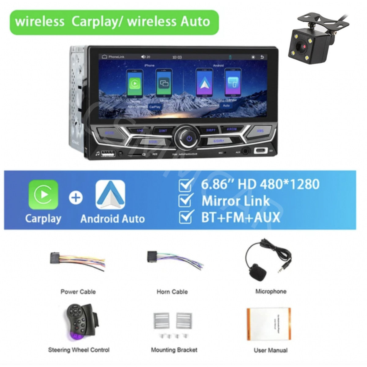 Double Din 6.86in Car Stereo Radio For Apple CarPlay Android Auto BT FM Camera
