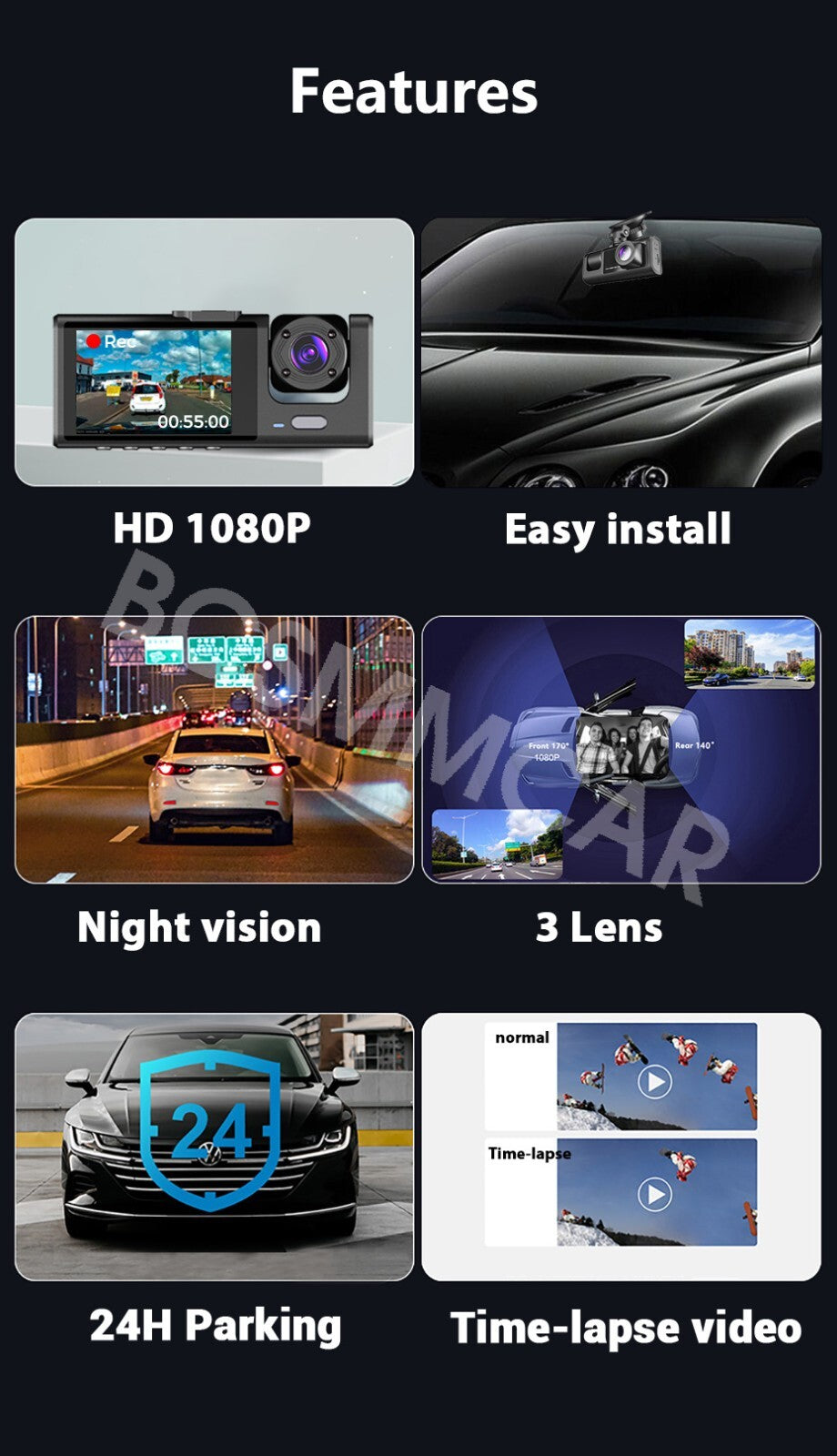 2in Full HD Dash Cam Car DVR Front Inside Rear Camera Night Vision G-sensor