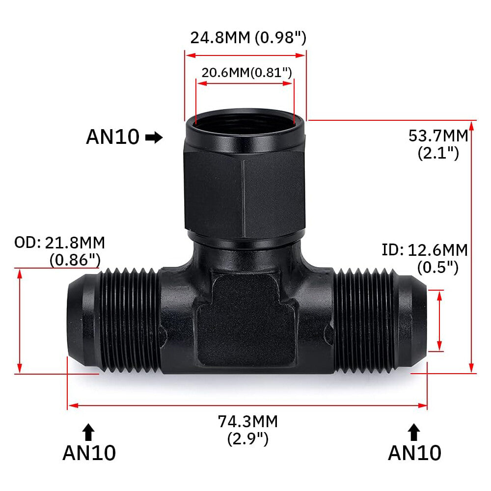3-Way Tee T-Piece Fitting Adapter AN10 10AN Male to AN10 10AN Female Swivel On
