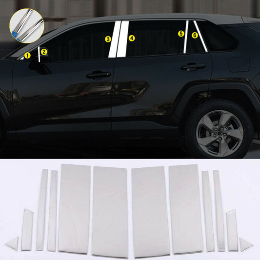 12P Chrome Door Window Pillar Post Mirrored Cover Trim for Toyota RAV4 2019-2024