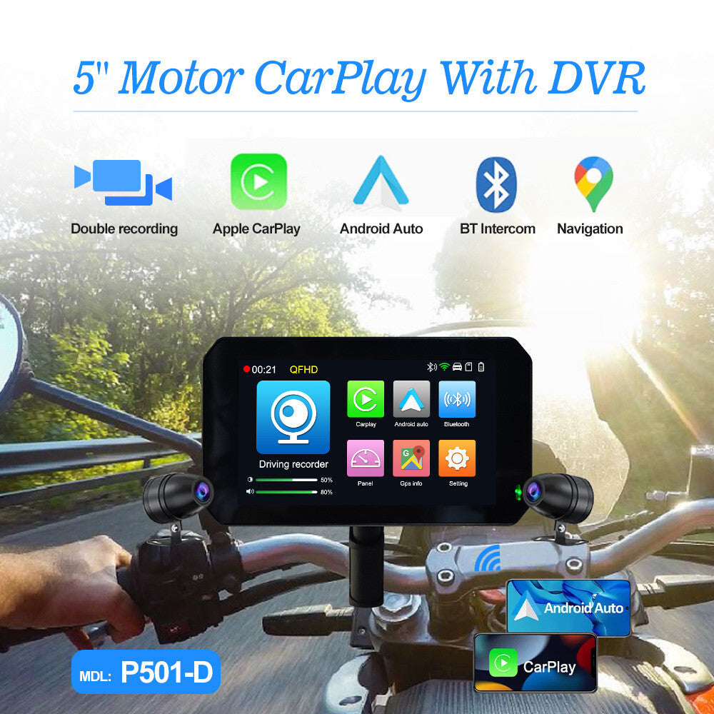 GPS navigation motorcycle DVR recorder with wireless CarPlay Android and automatic waterproofing. n