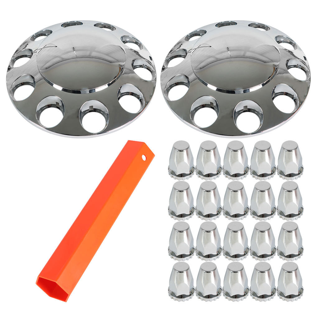 Wheel axle hub cover kit for semi-truck wheels, front 33mm nut cover kit, 2 pieces, chrome alloy. n