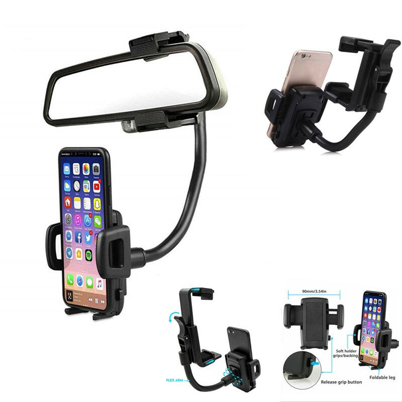 Car Phone Holder Stand Rearview 360 Degrees Mirror clip Mount Phone Holder Black