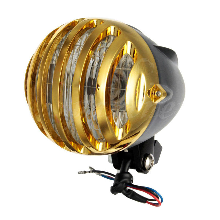ABS Black Gold Fence Grill Cover H4 Halogen Bullet Headlight for Harley Custom Q