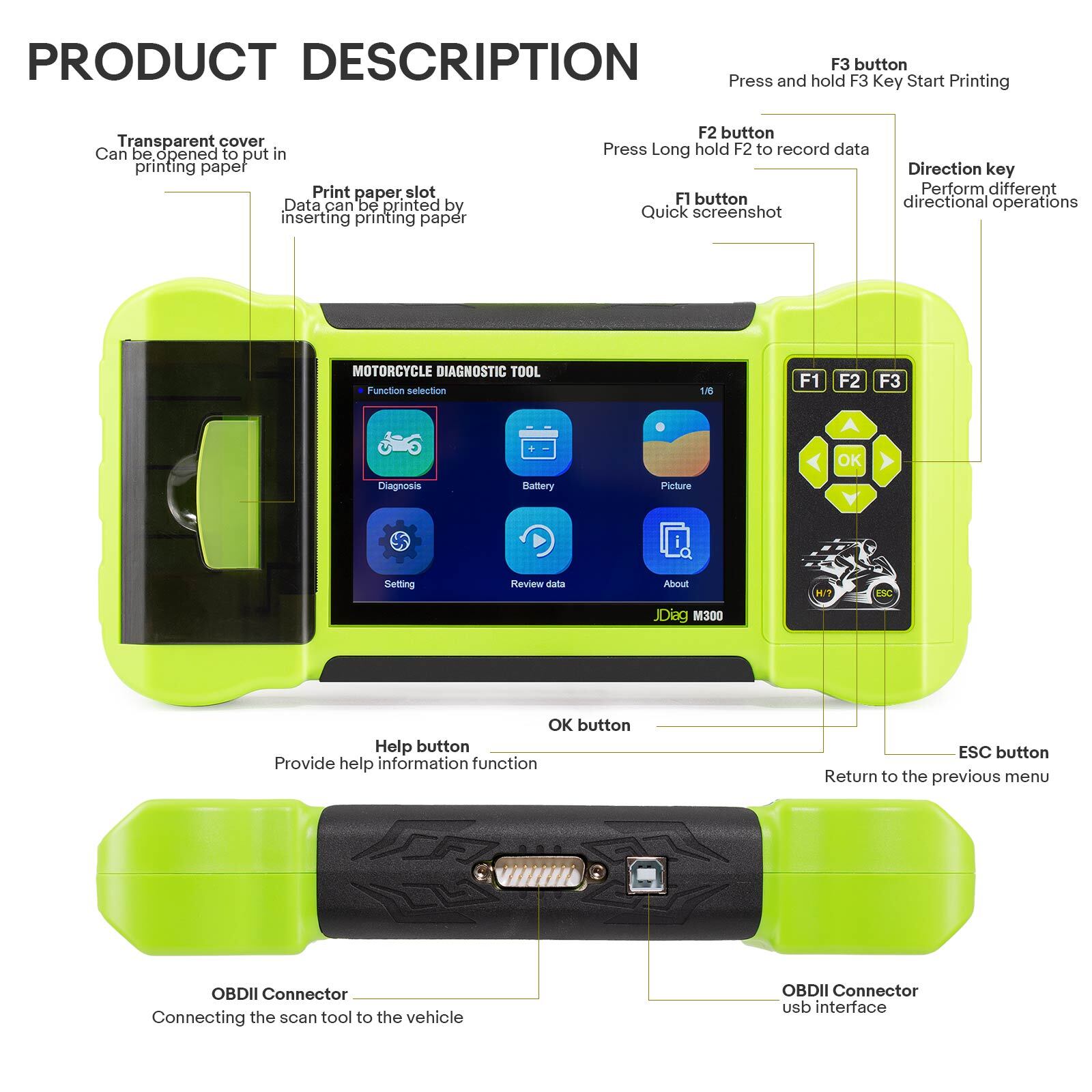 JDiag M300 Motorcycle Diagnostic Scanner Tool Read fault codesClear ABS Test