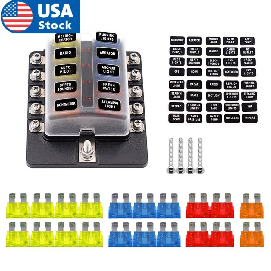 Car 10-Way Blade Fuse Box Block Holder Indicator w/ Fuses For 12V 24V