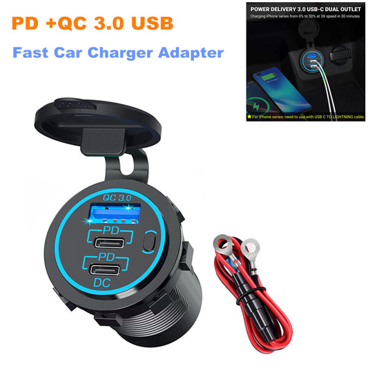 PD + QC 3.0 USB 3-port fast car charger adapter power outlet suitable for RVs and boats 12-24V- n