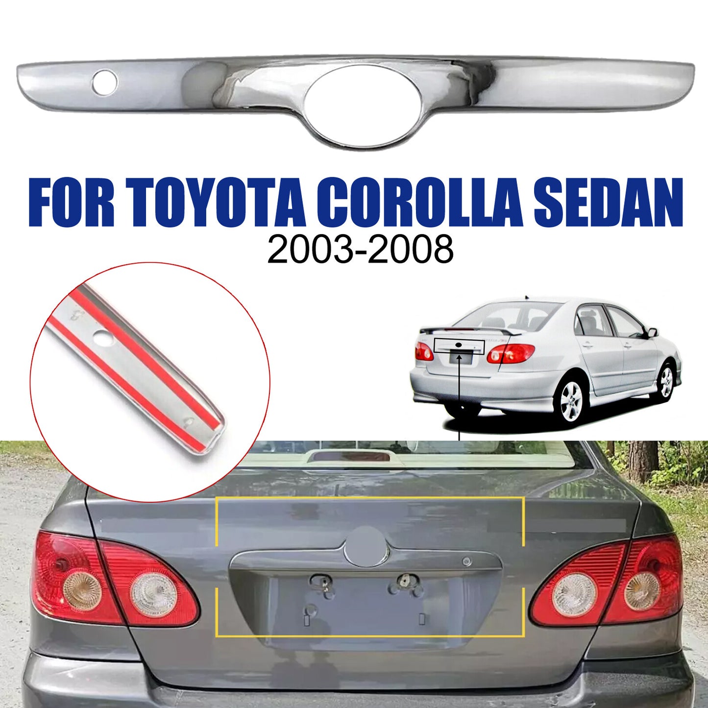Chrome rear tailgate trim for Toyota for Corolla sedans 2003-2008.