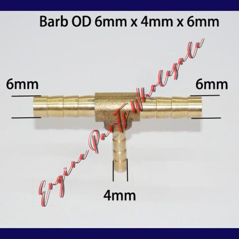 TEE T Reducer 1/4 x 1/8 x 1/4 in 6mm to 4mm Hose Barb Fitting Connector Brass Q