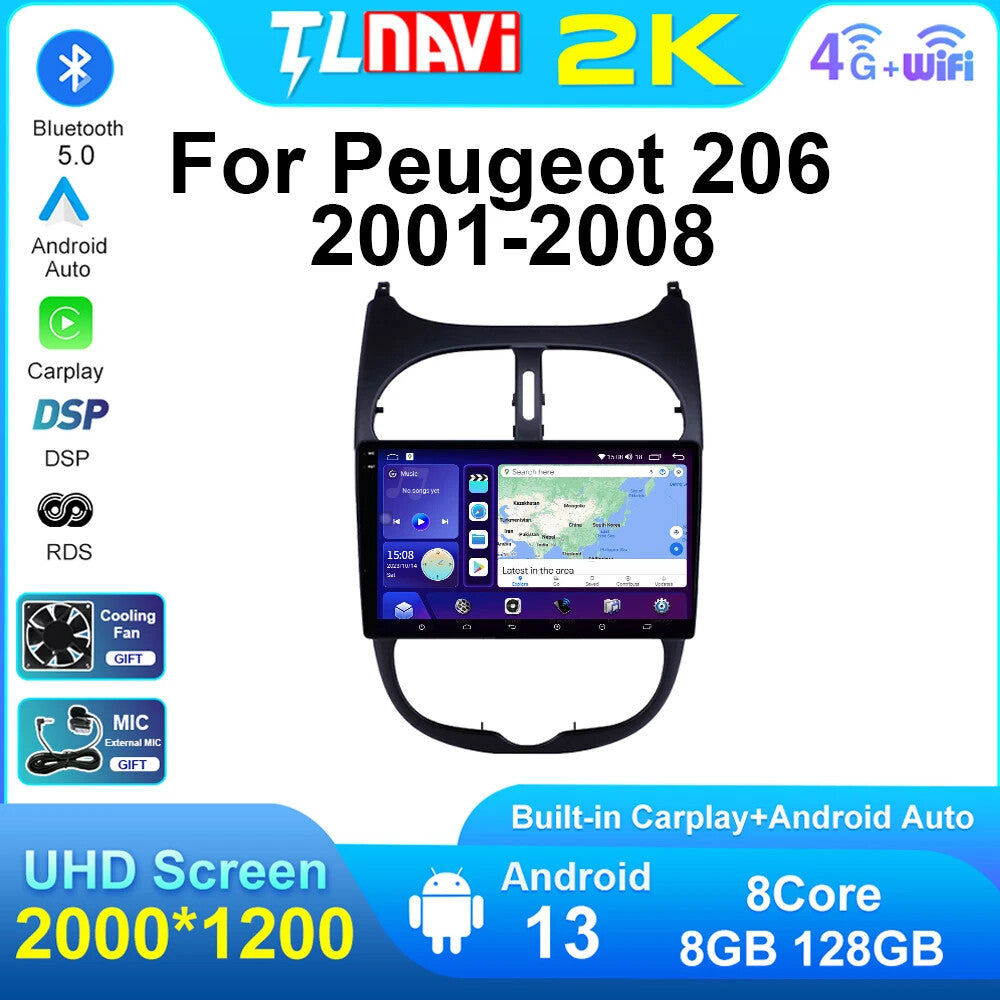 for Peugeot 206 Car Radio Auto RDS DSP QLED GPS Audio Multimedia Player Carplay