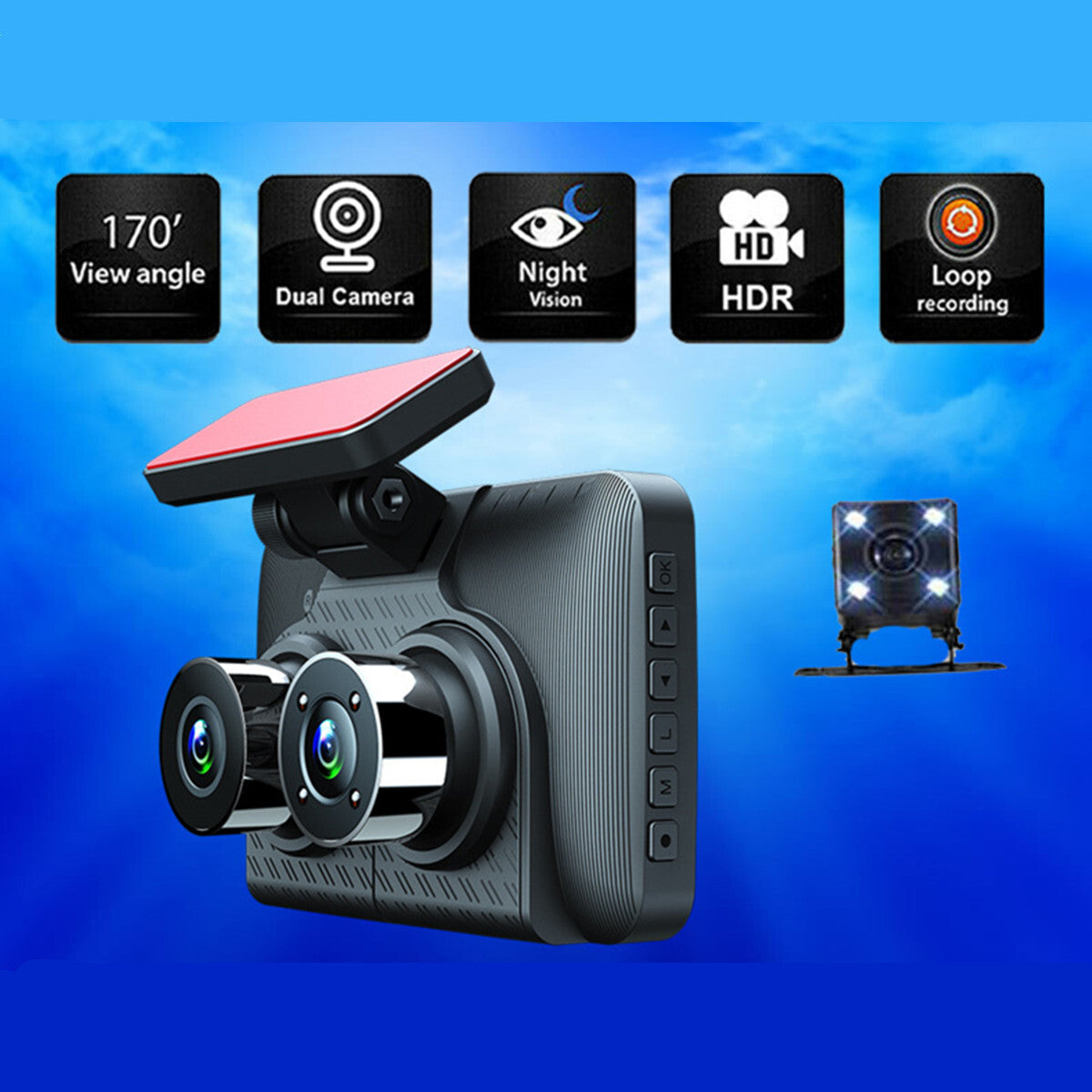 4in 3Lens HD Dash Cam Car DVR Video Front/Rear/Inside Cameras Driving Recorder