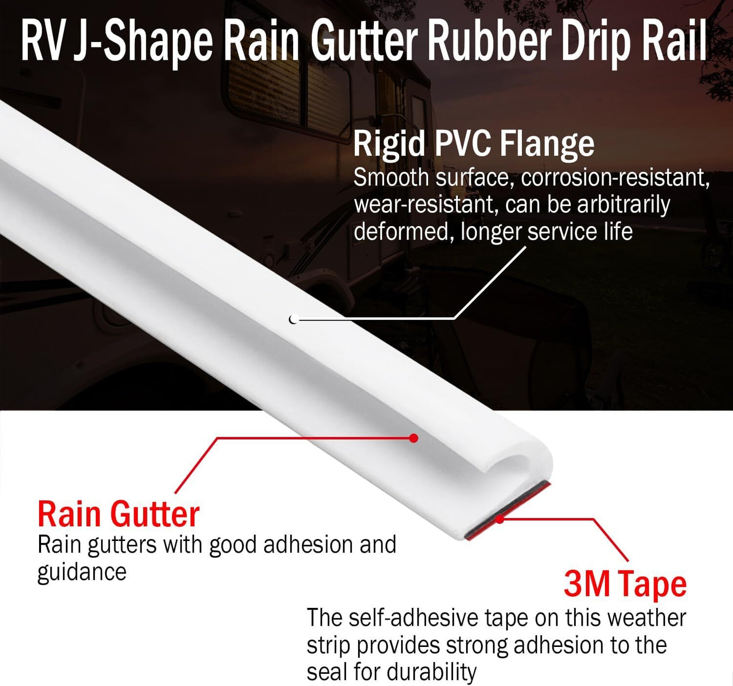 White 16ft RV Boat Van Rain Gutter Trim Flexible PVC with Strong Adhesive Tape Q