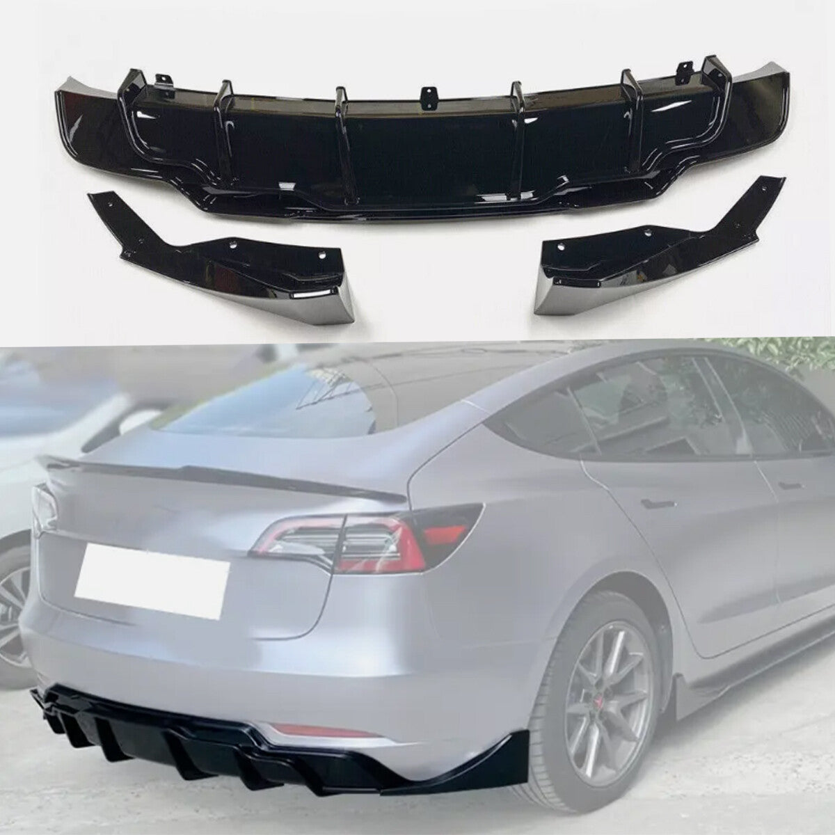 FOR 2017-2023 MODEL 3 BLACK PERFORMANCE REAR BUMPER DIFFUSER W/ EXTENSIONS n