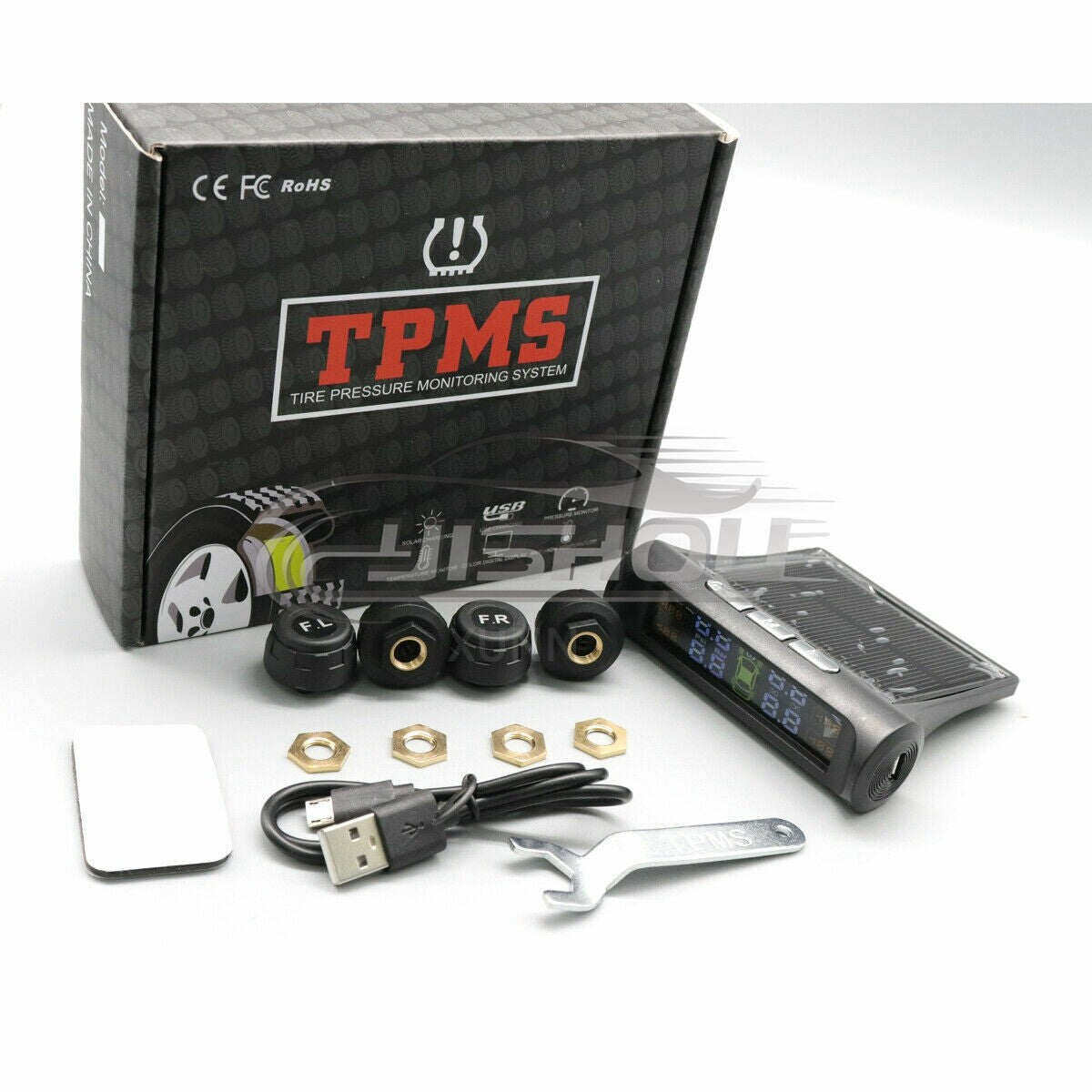 Tire Pressure Monitor System External TPMS Sensor USB+Solar Wireless Car LCD w/4 Q