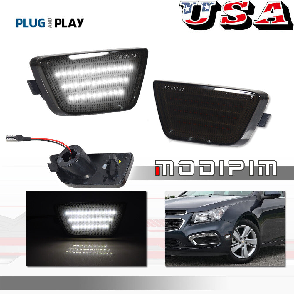 Smoked Lens White Front Bumper Side Marker Lights Pair For 2011 - 2015 for Cruze - v