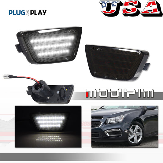 Smoked Lens White Front Bumper Side Marker Lights Pair For 2011 - 2015 for Cruze - v