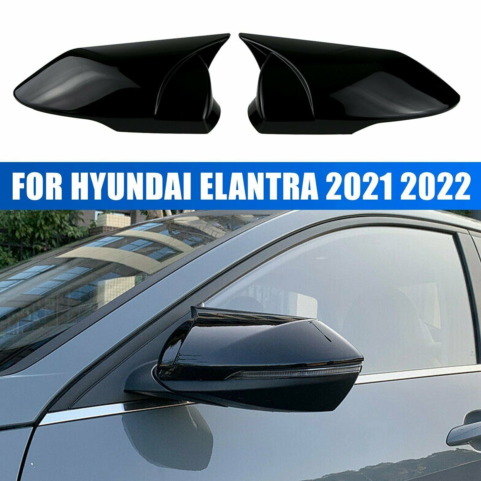 for Hyundai for Elantra 2021-2022 Glossy Black Horn Side Rear View Mirror Cover Trim