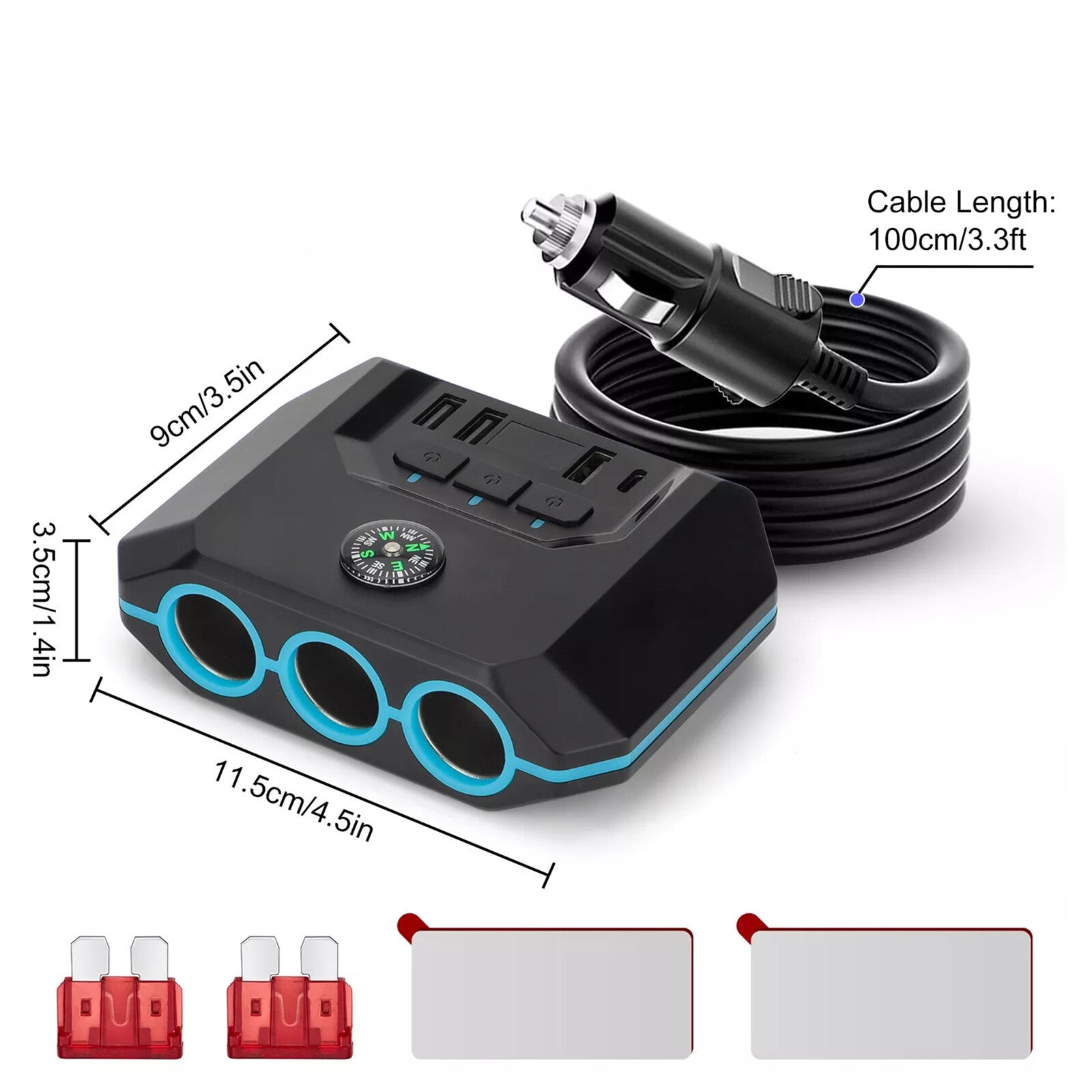 Car 3 Way Cigarette Lighter Socket USB Charger Splitter Power Adapter 12V~24V
