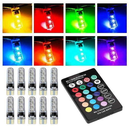 10 T10 194 168 RGB Multicolor LED Bulbs with RF Remote Car Parking Lights v