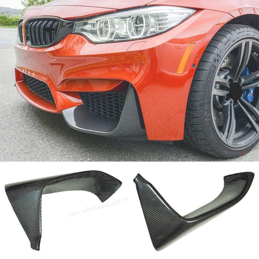 A pair of carbon fiber black bumper splitters for BMW F80 M3 F82 F83 M4 2015 - 2019. Q