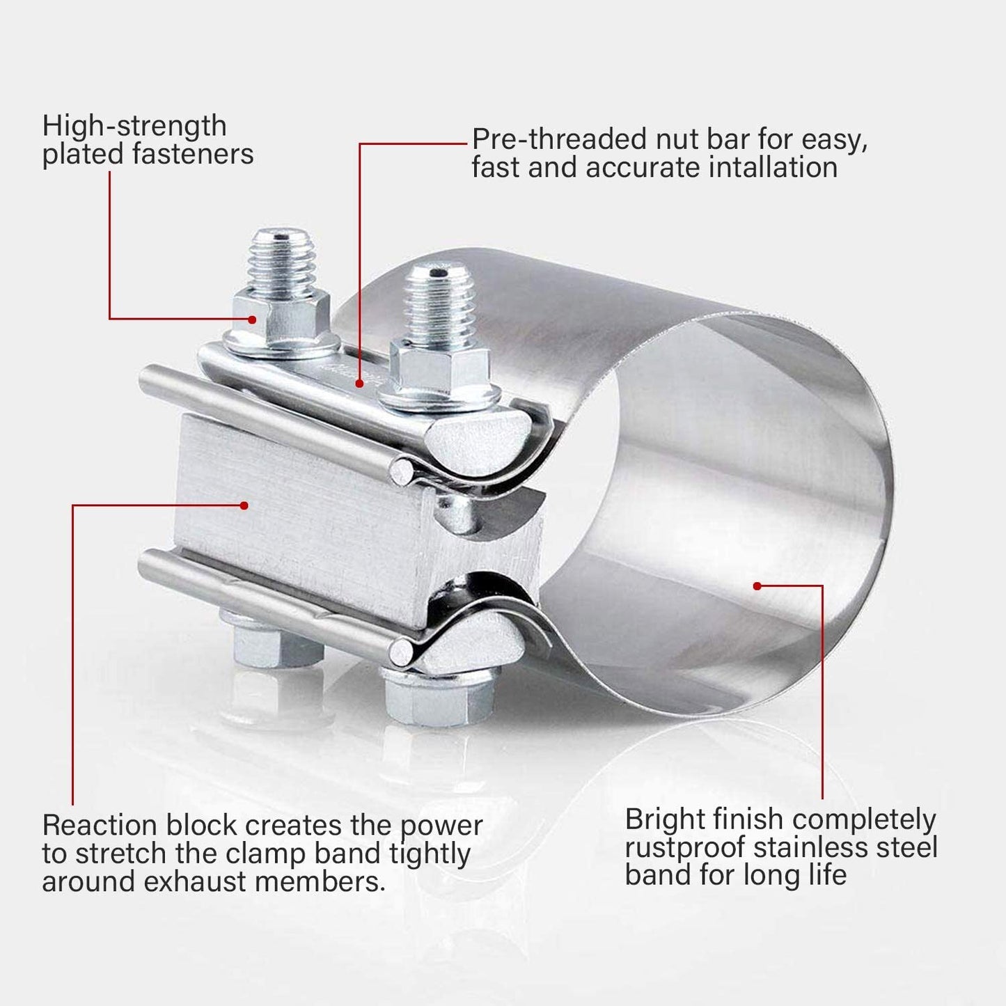 2 x 2.5-inch (2 1/2-inch) Butt Fittings with Clips - T304 Stainless Steel Exhaust with Clips