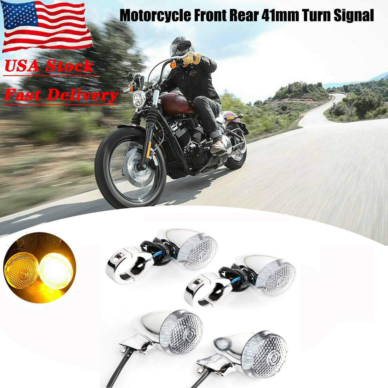 4-piece motorcycle front and rear 41mm turn signal fork clip light chrome plating suitable for Harley-Davidson