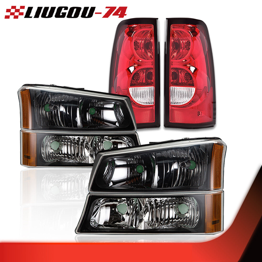 Fits 2003 - 2006 Silverado Black Housing Headlights with Parking + Tail Lights New - v