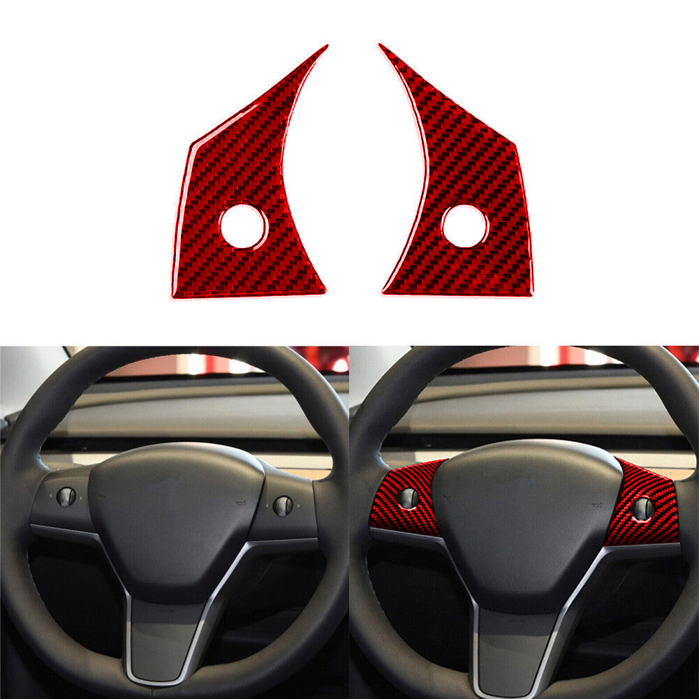 Red Carbon Fiber Interior Steering Wheel Button Cover Trim for Tesla for Model Y /3
