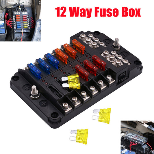 12-channel automatic fuse box, 32V with LED indicator, suitable for use in cars, trucks, boats, RVs, and ships. n
