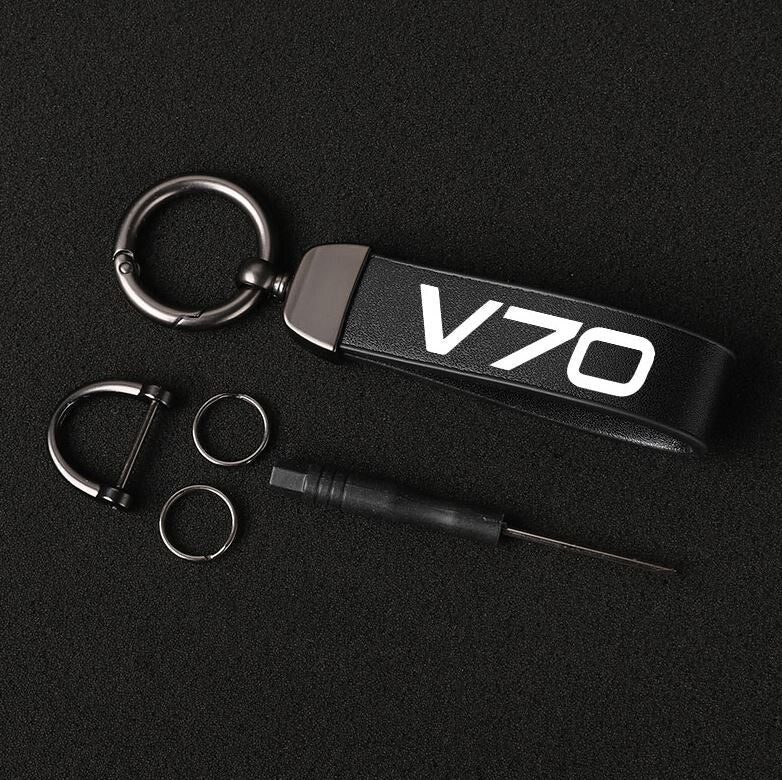 Black leather horseshoe buckle accessory for Volvo V70 car keychain/key ring.