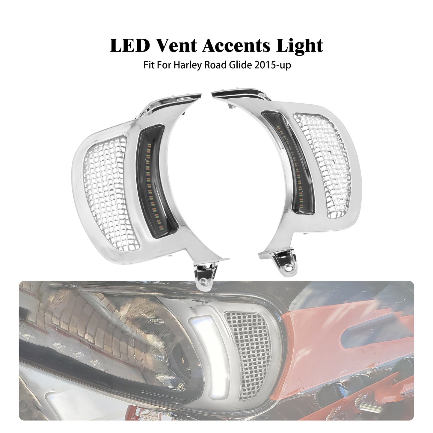 Chrome Headlight Vent Accent Running Turn Signal LED Light for Harley Road Glide Q